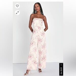 LULUS Beautiful Sentiment Champagne Floral Satin Cowl Back Jumpsuit Size S